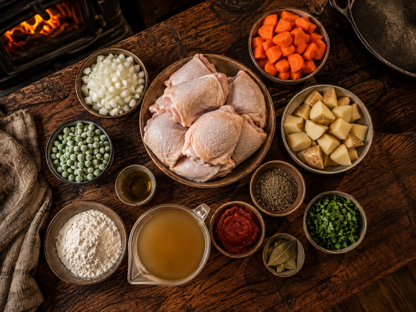 Chicken stew ingredients recipe flat lay: chicken thighs, carrots, celery, potatoes, and chicken stock