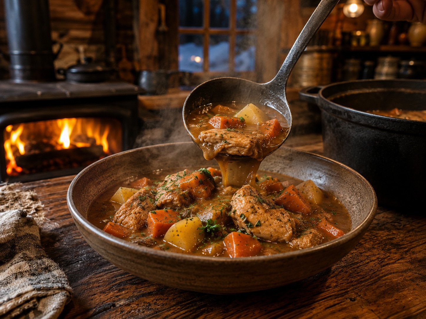 Chicken stew recipe Step 7: finished stew ladled into a bowl, garnished with parsley