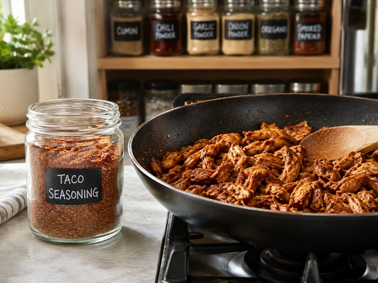 Homemade chicken taco seasoning recipe Step 6: finished taco chicken served in tortillas with toppings