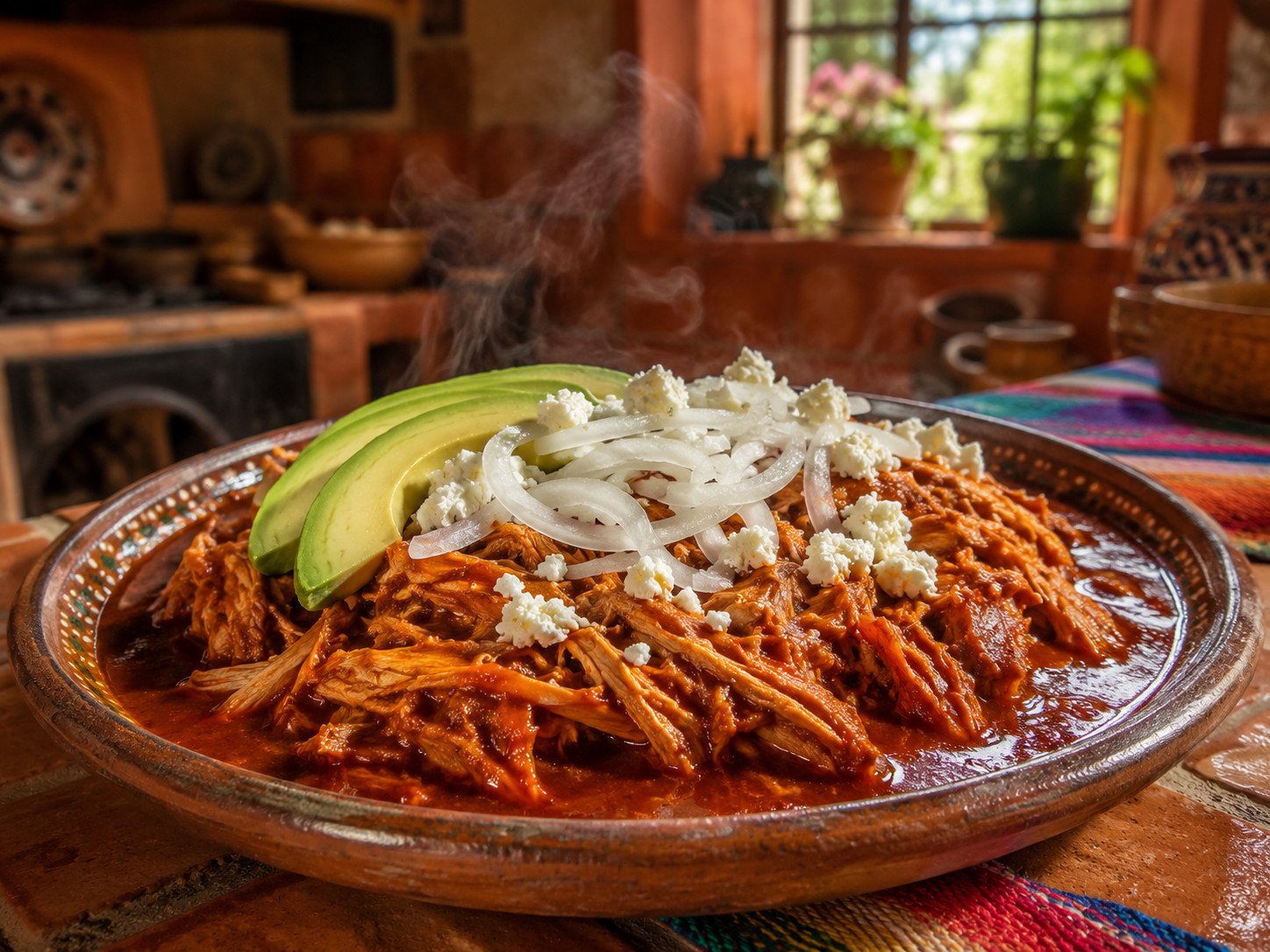 Chicken tinga recipe Step 7: finished chicken tinga plated with onion, avocado, and queso fresco