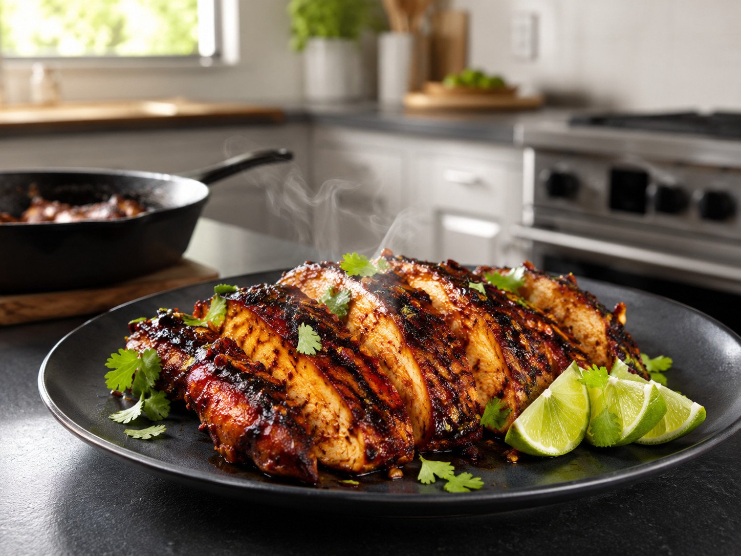 Chipotle chicken clay tandoor recipe seared and glossy with smoky adobo glaze, sliced and plated
