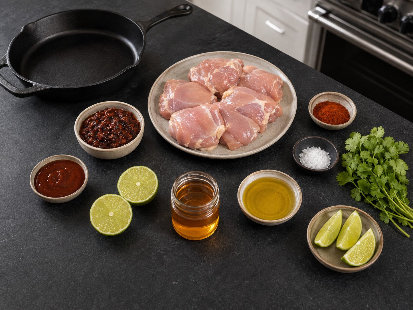Chipotle chicken recipe ingredients flat lay: chicken thighs, chipotle peppers in adobo, lime, and smoked paprika