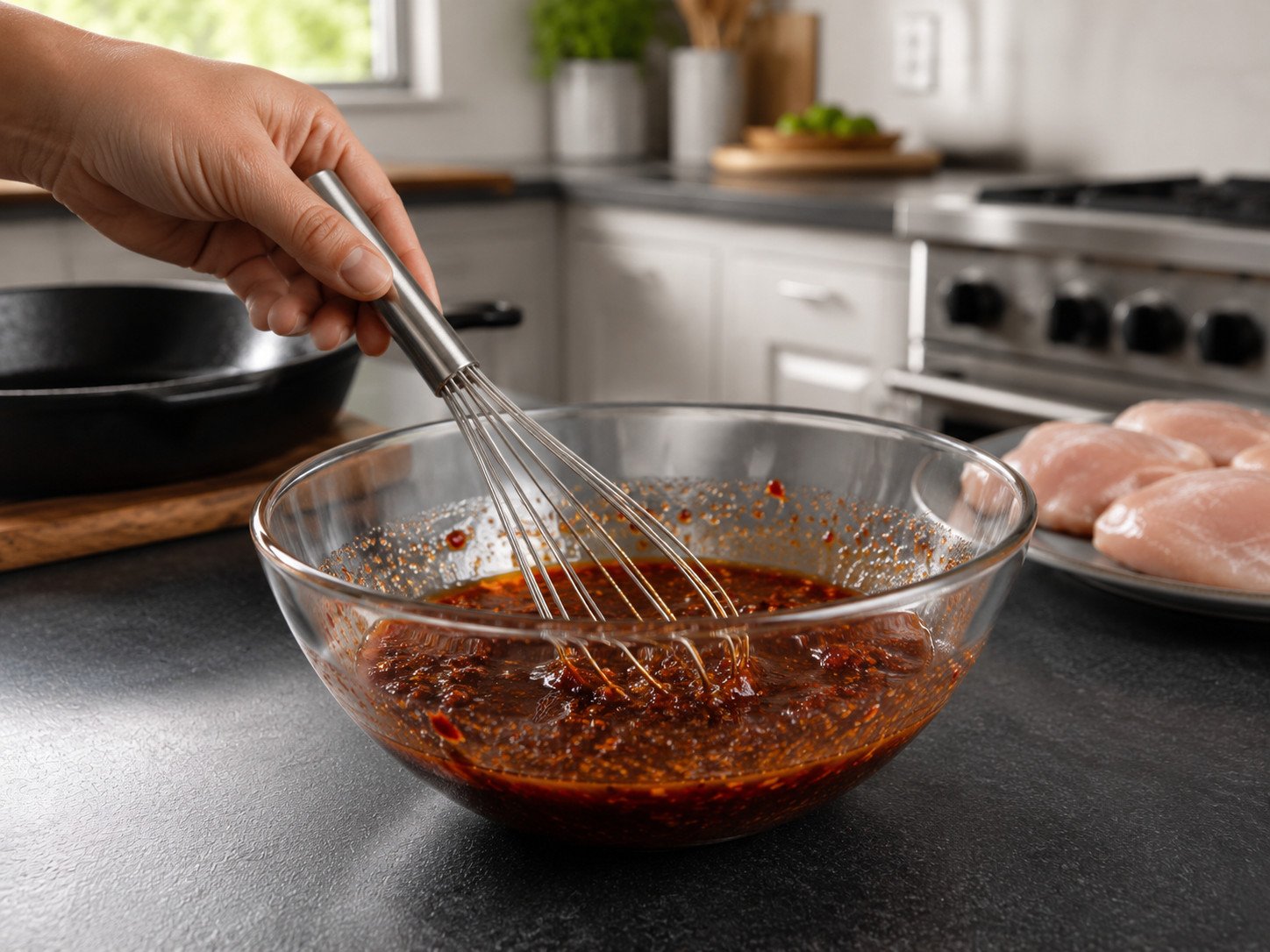 Chipotle chicken recipe Step 1: a hand whisking a dark smoky chipotle marinade in a bowl
