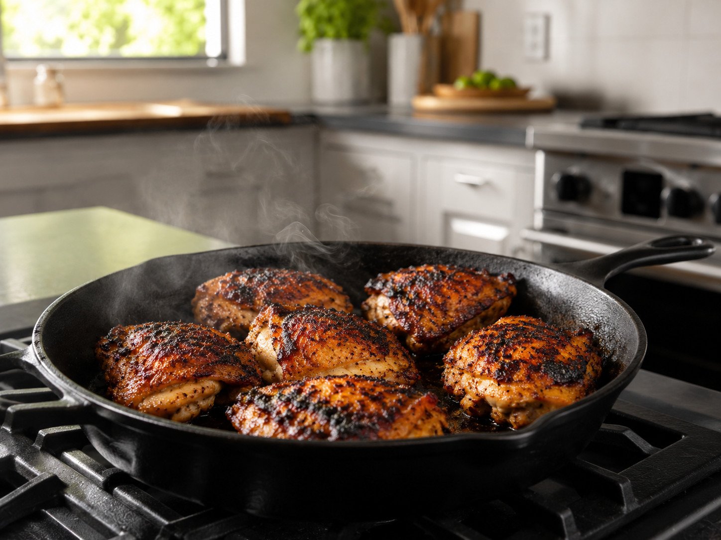 Step 3: chicken thighs searing hard in a cast-iron skillet