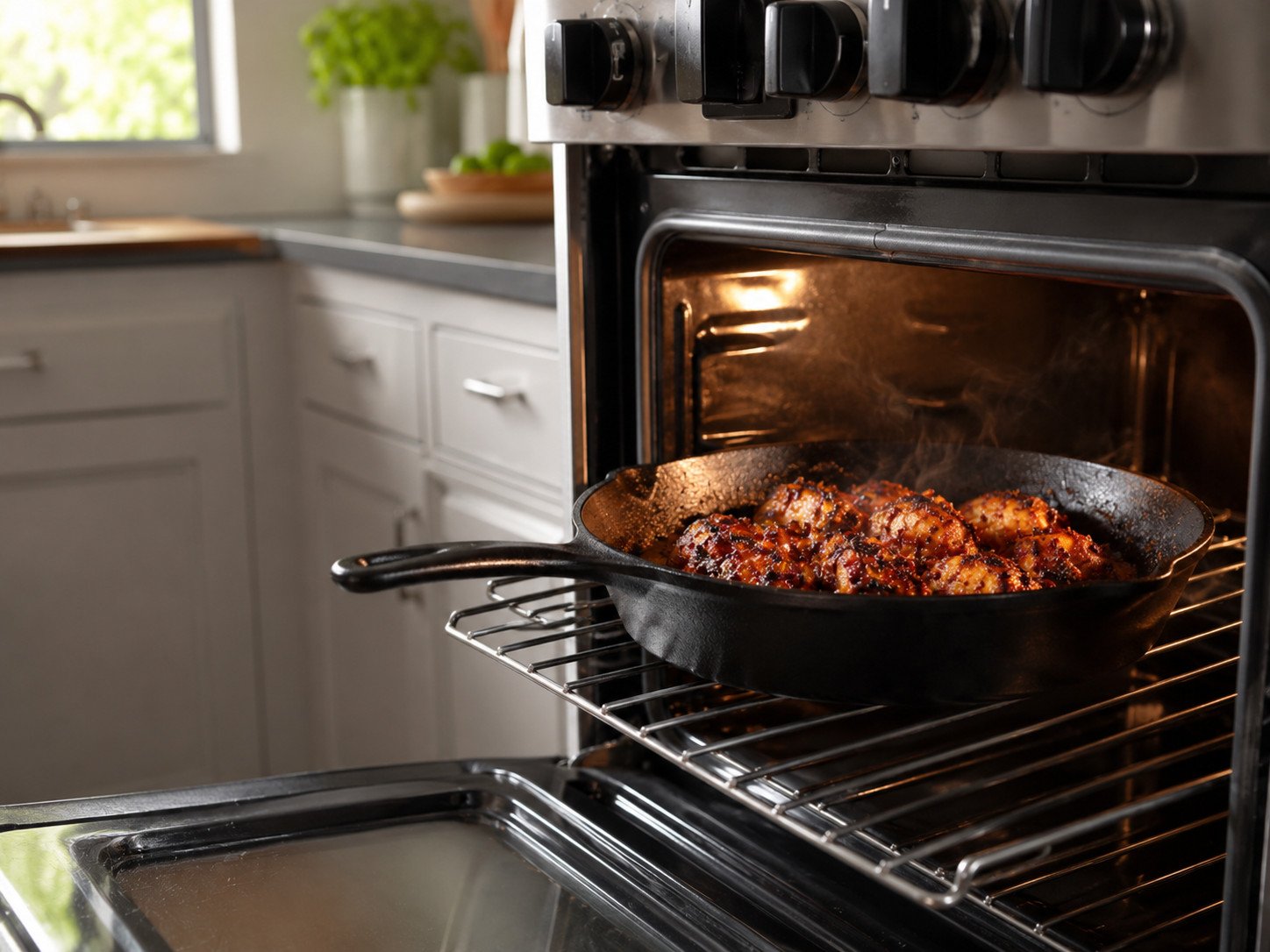 Step 4: chicken thighs finishing in a skillet inside a conventional oven