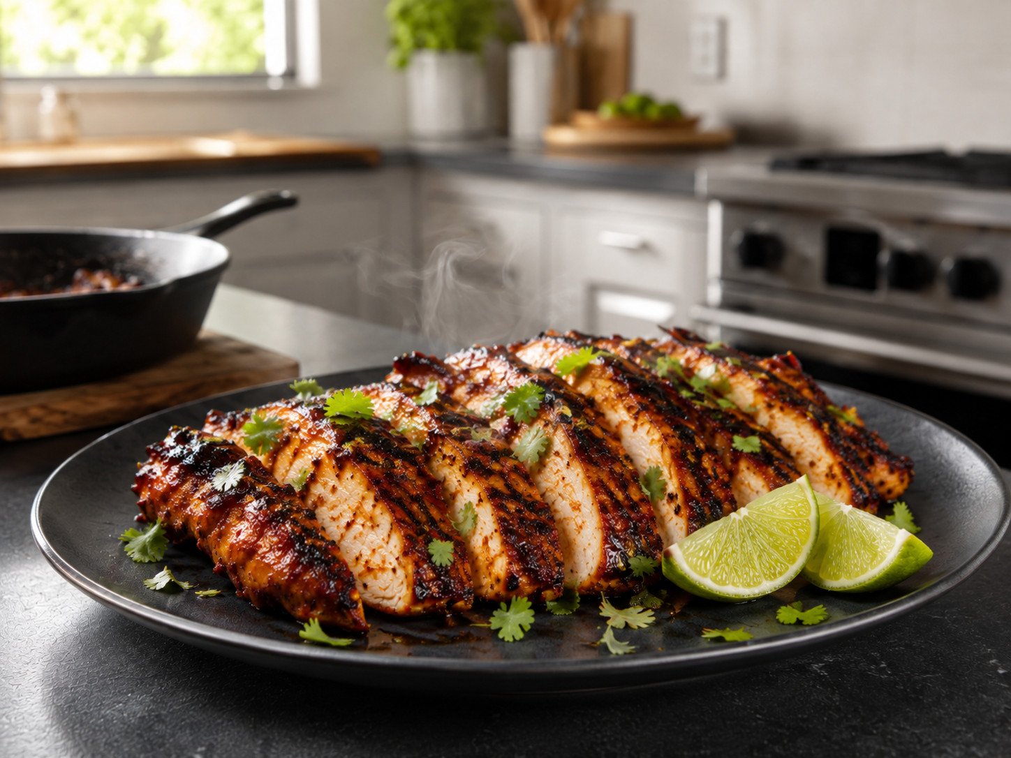 Chipotle chicken clay tandoor recipe Step 5: finished chipotle chicken sliced and plated with lime and coriander