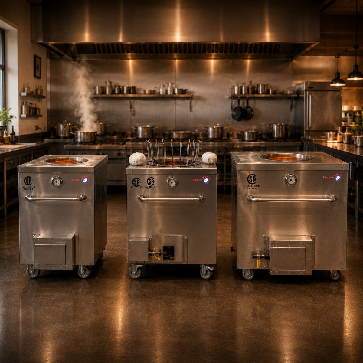 Lineup of three commercial tandoor ovens — Natural Gas Tandoor Oven CH04, Indian Tandoor Oven T02, and Food Truck Tandoor Oven CS02 — NSF ANSI 4 certified stainless steel tandoors