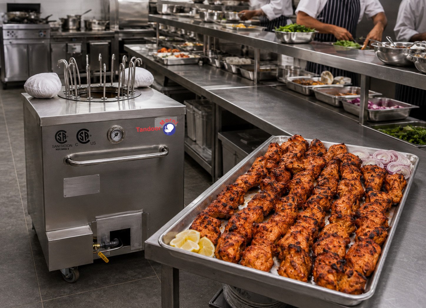 Commercial tandoor recipes batch of tandoori chicken skewers charred and consistent, ready for service