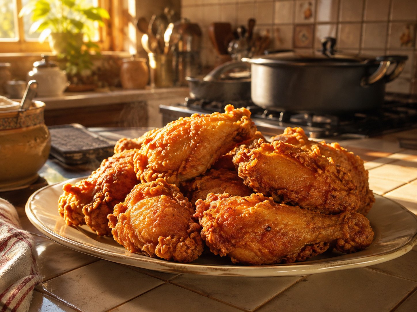 Filipino fried chicken recipe pieces deeply golden and crisp, marinated in adobo-style sauce