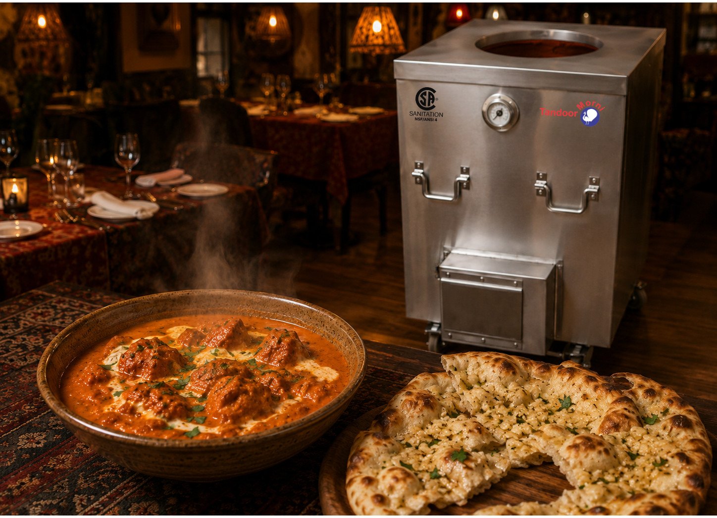Garlic naan butter chicken recipe with creamy tomato gravy and torn naan on the side