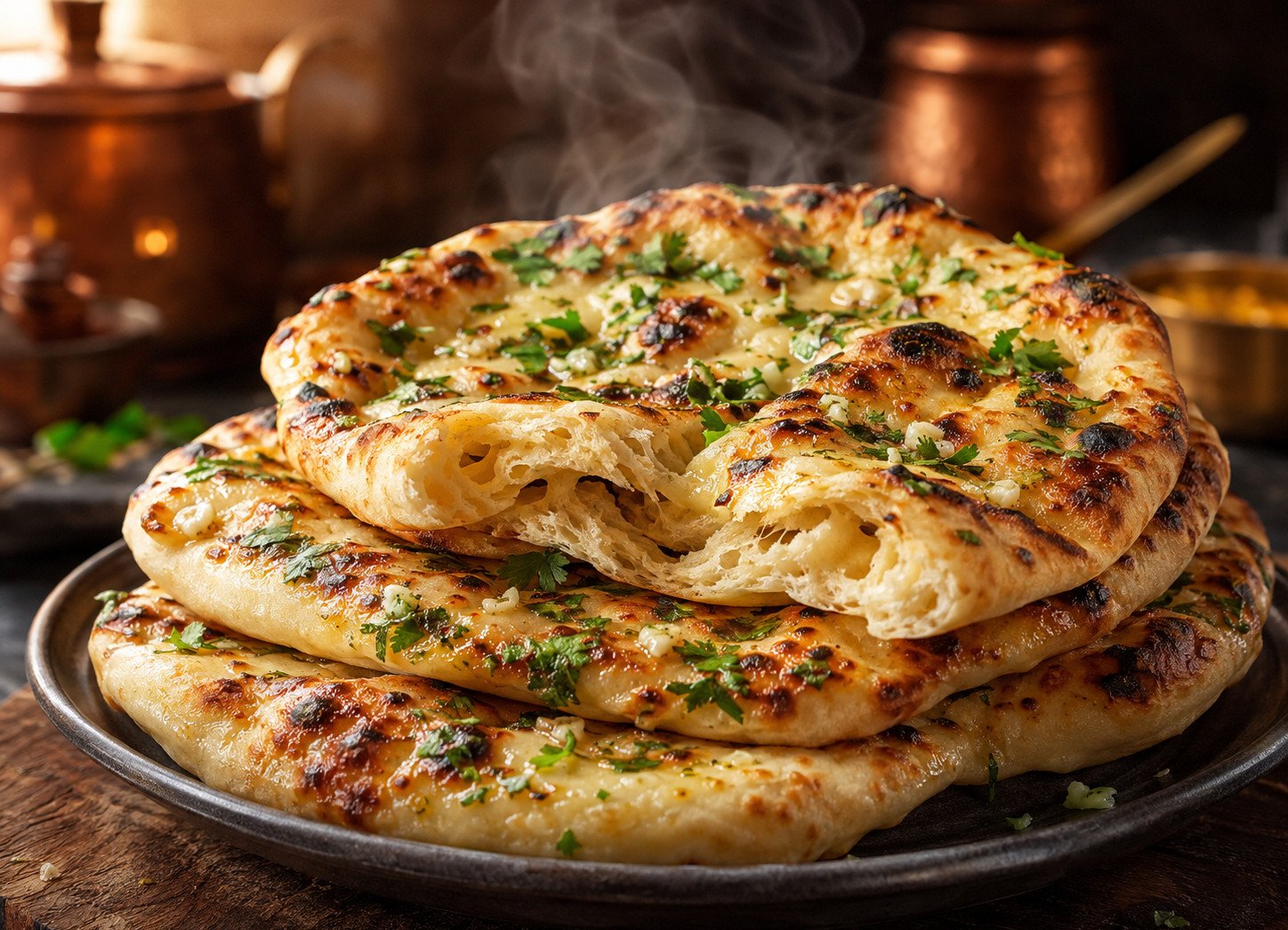 Garlic naan recipe blistered and golden, brushed with butter