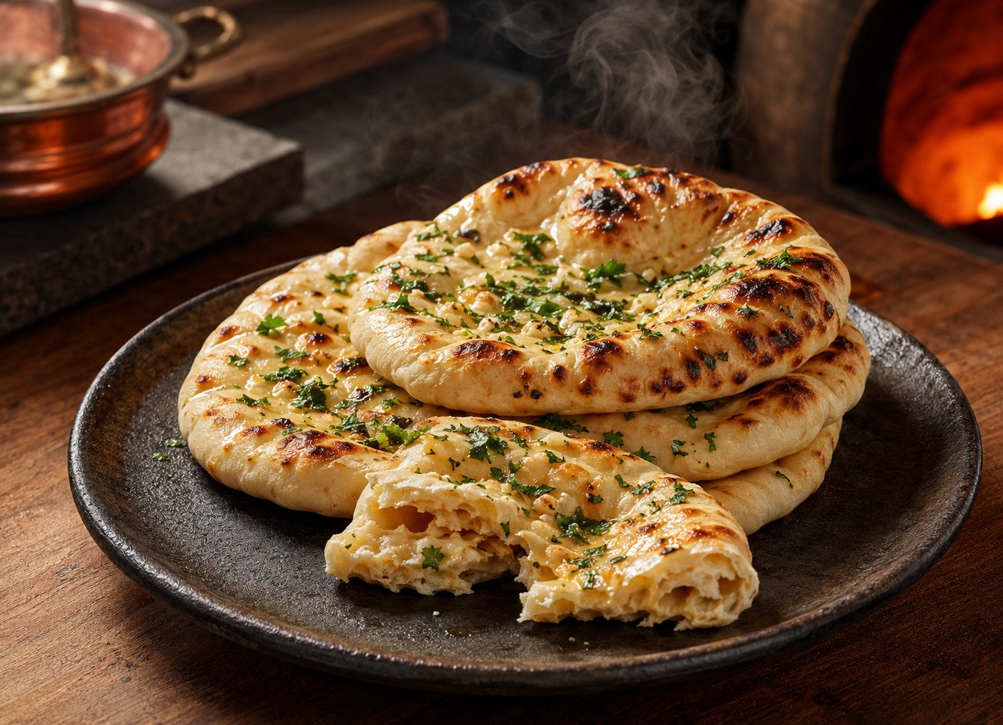 Garlic naan recipe Step 7: finished garlic naan stacked and plated, brushed with butter