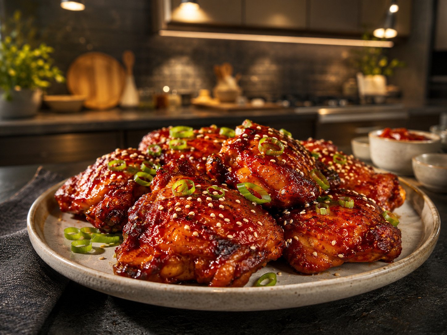 Gochujang chicken recipe glossy with a deep red-orange glaze, sesame seeds scattered on top