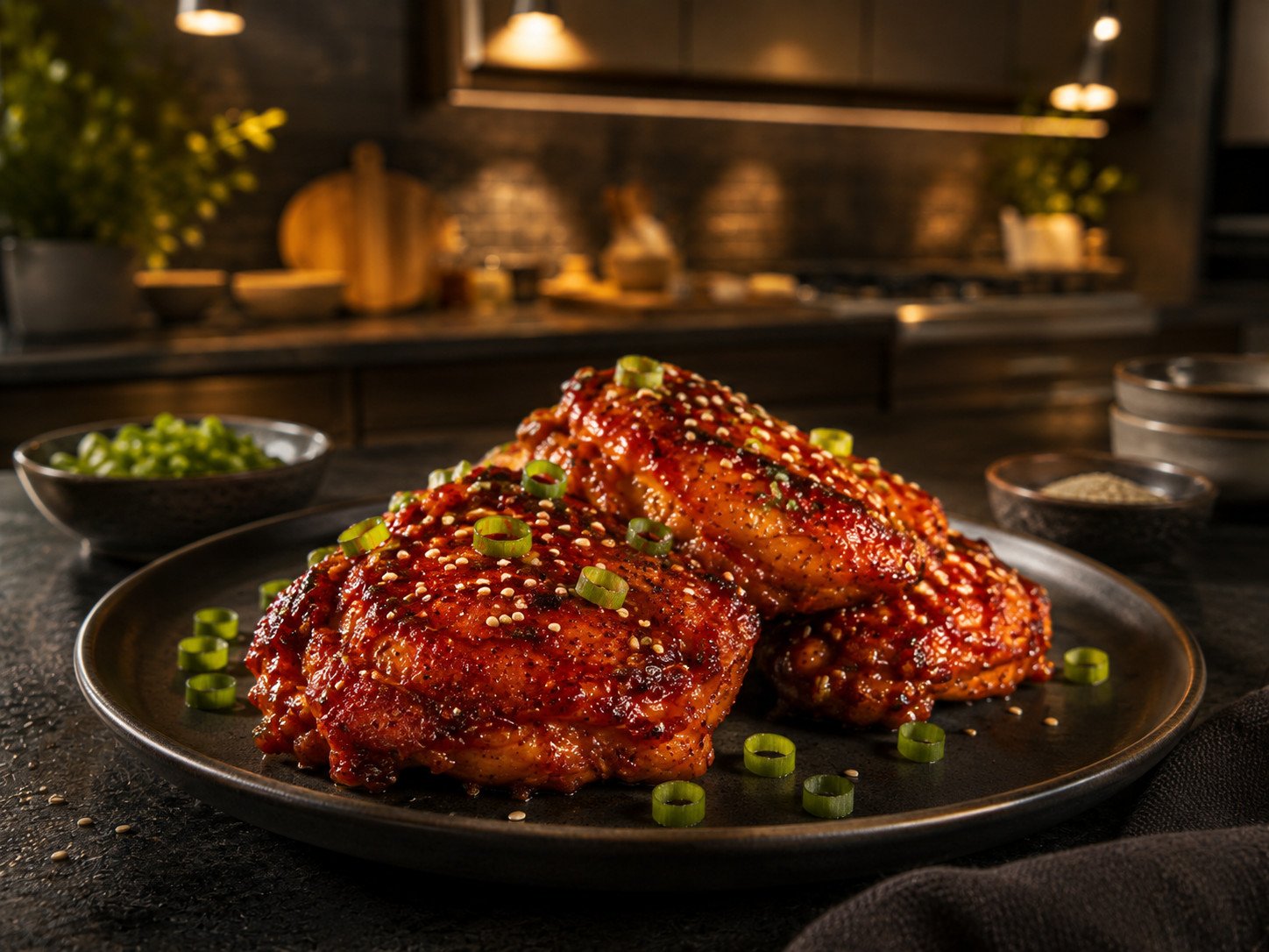 Gochujang chicken recipe Step 7: finished chicken plated, garnished with sesame seeds and green onion