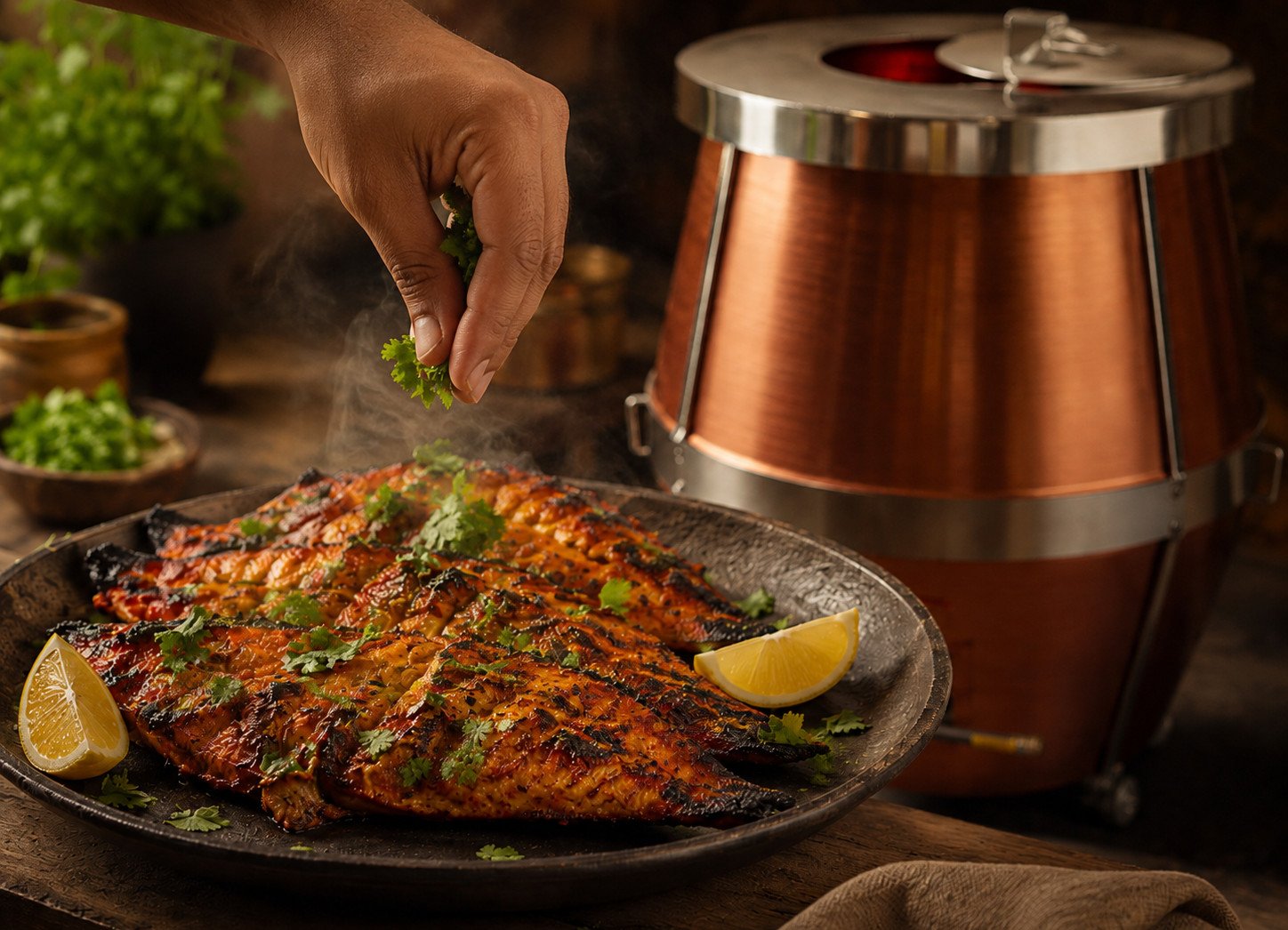 Grilled tandoori fish recipe Step 7: finished fish fillets plated with lemon wedges and coriander