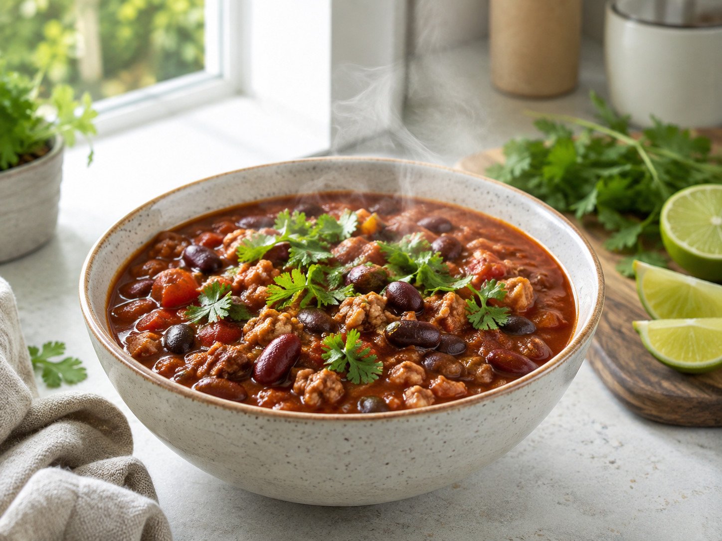 Healthy chicken chili recipe with lean ground chicken, beans, and tomatoes in a thick bowl