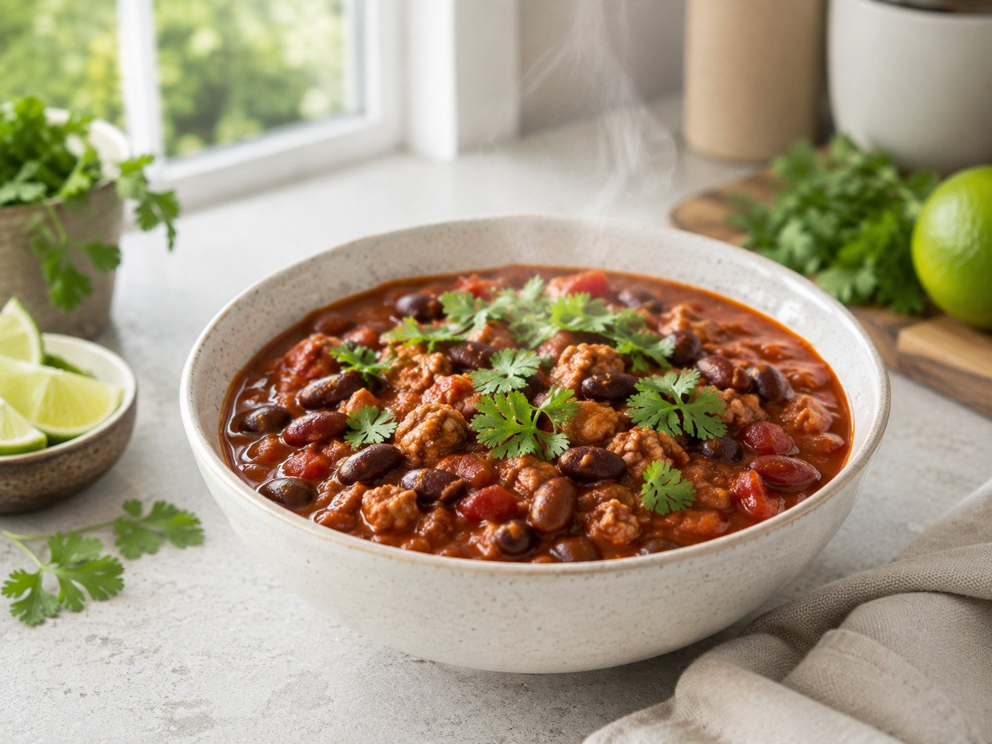 Healthy chicken chili recipe Step 6: finished chili in a bowl, garnished with coriander