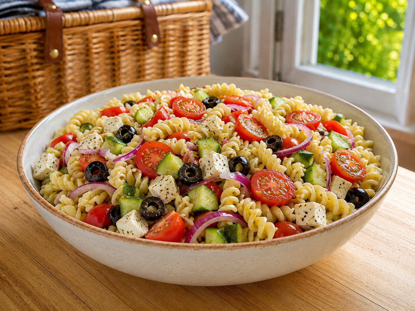 Homemade pasta salad guide bowl with colorful vegetables, pasta, and a tangy vinaigrette