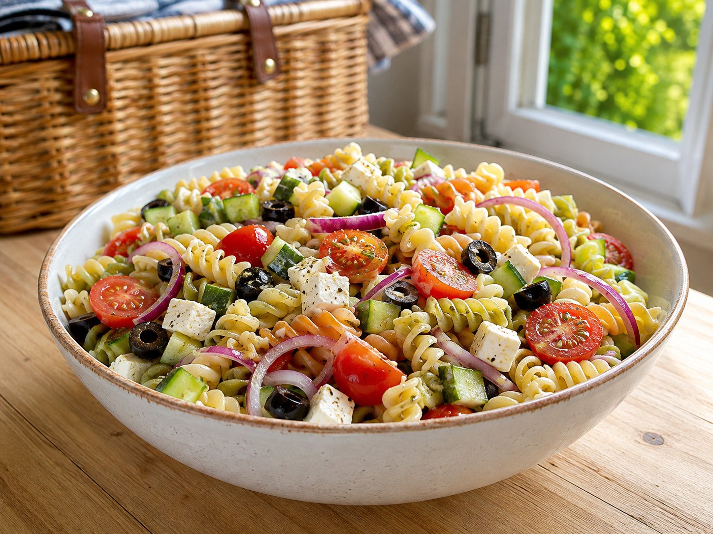 Homemade pasta salad recipe Step 6: finished pasta salad in a serving bowl, freshly tossed