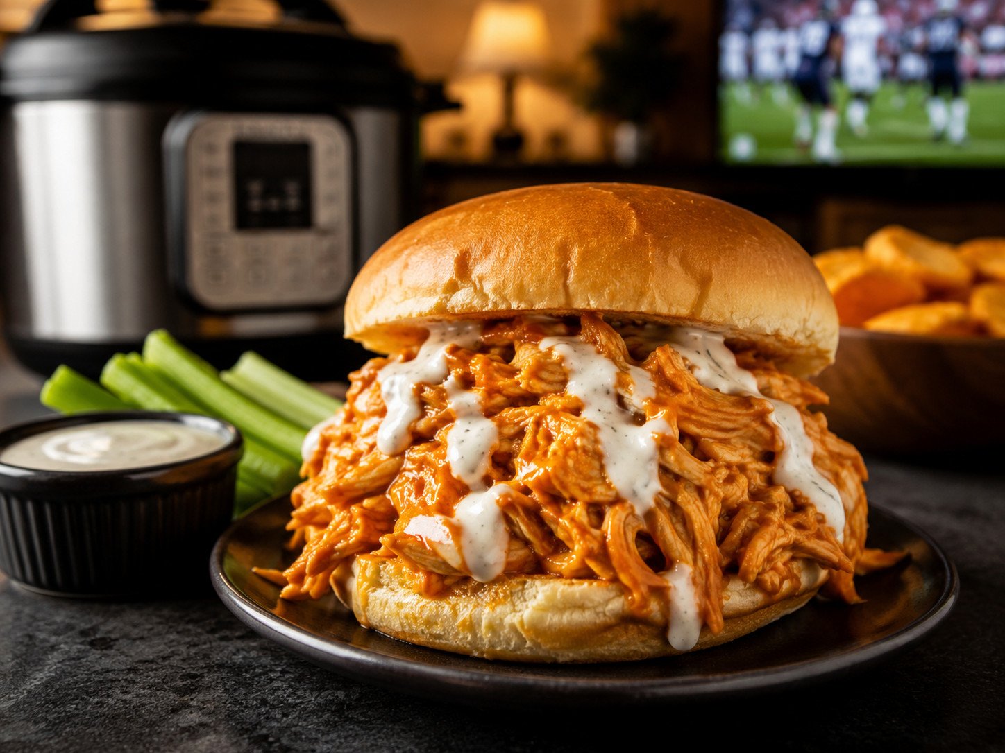 Instant pot buffalo chicken shredded and glossy in buffalo sauce, served on a bun