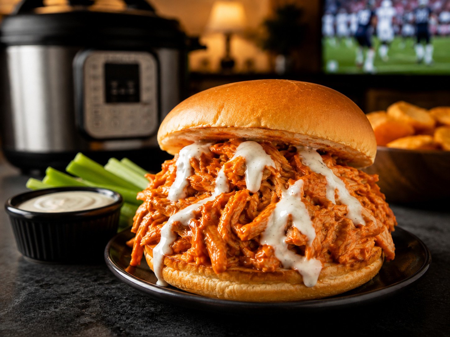 Instant pot buffalo chicken recipe Step 6: finished buffalo chicken piled on a bun