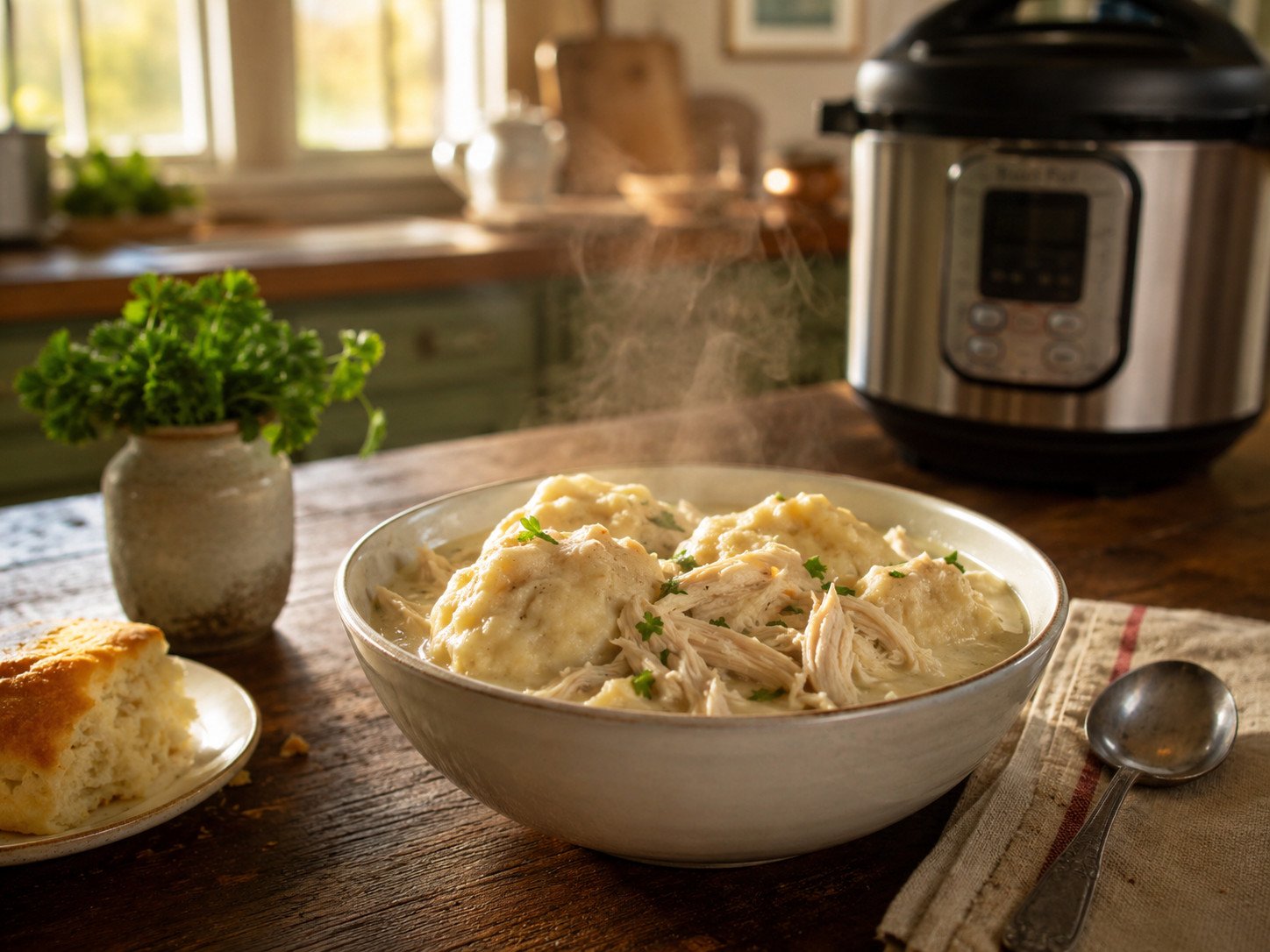 Instant pot chicken and dumplings, creamy broth with fluffy dumplings and shredded chicken