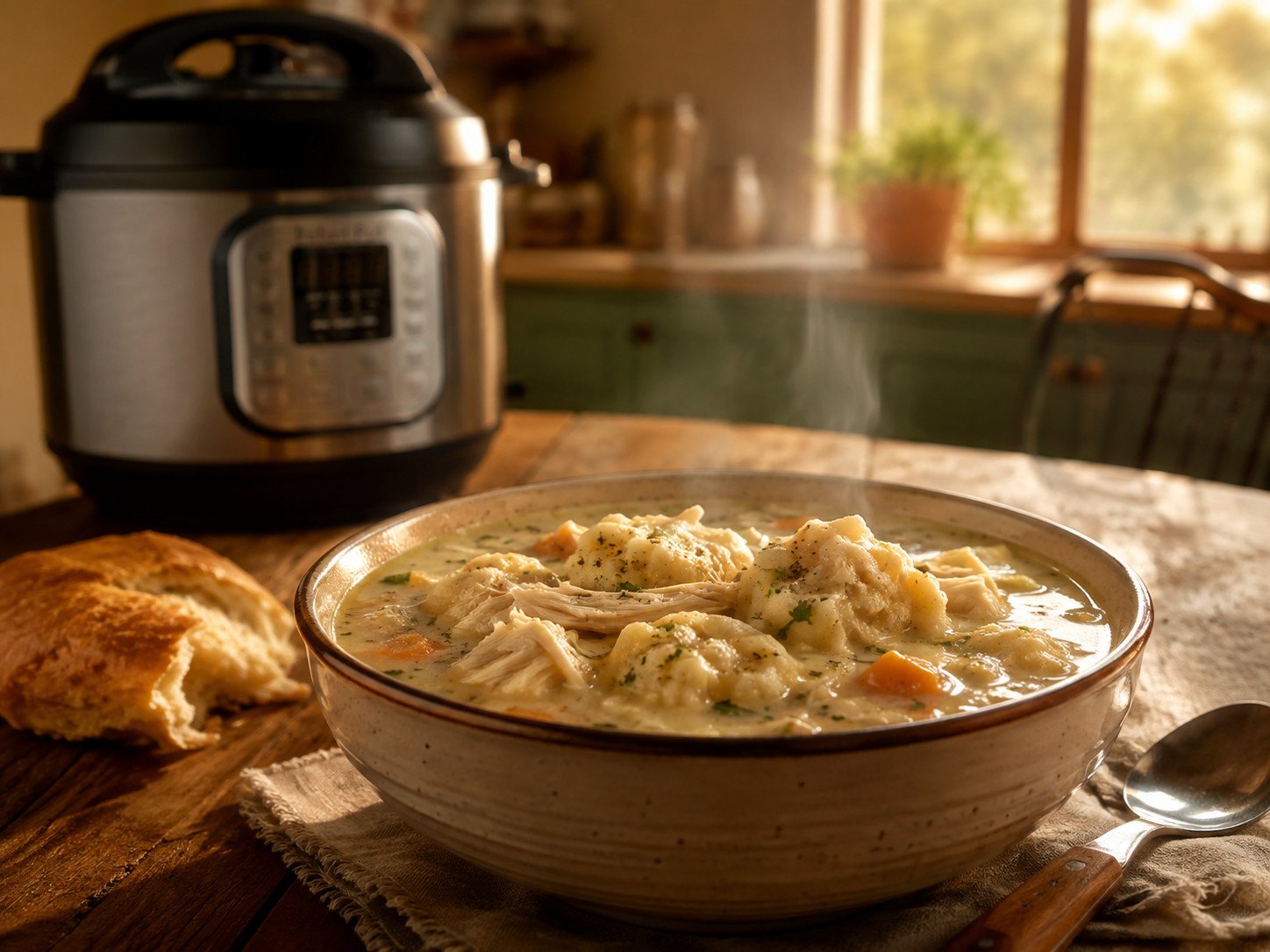 Instant pot chicken and dumplings recipe Step 7: finished dish with fluffy dumplings served in a bowl