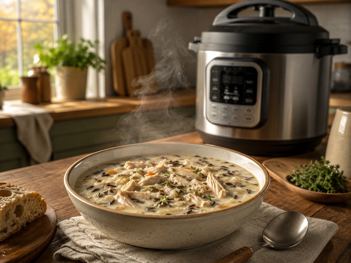 Instant pot chicken wild rice soup, creamy with visible wild rice and shredded chicken