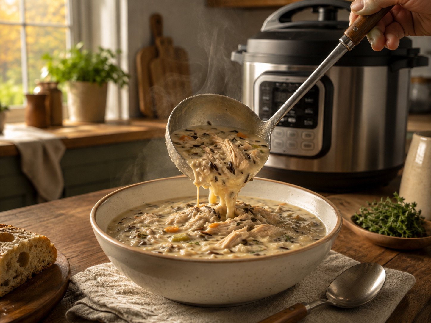Instant pot chicken wild rice soup recipe Step 7: finished creamy soup ladled into a bowl