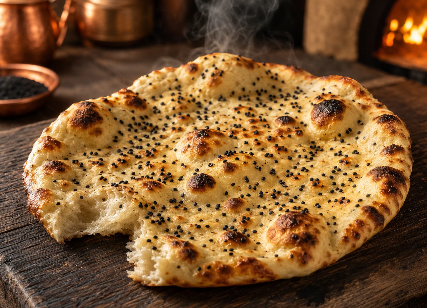 Naan varieties tandoor idea: kalonji naan topped with nigella seeds, fresh from the wall