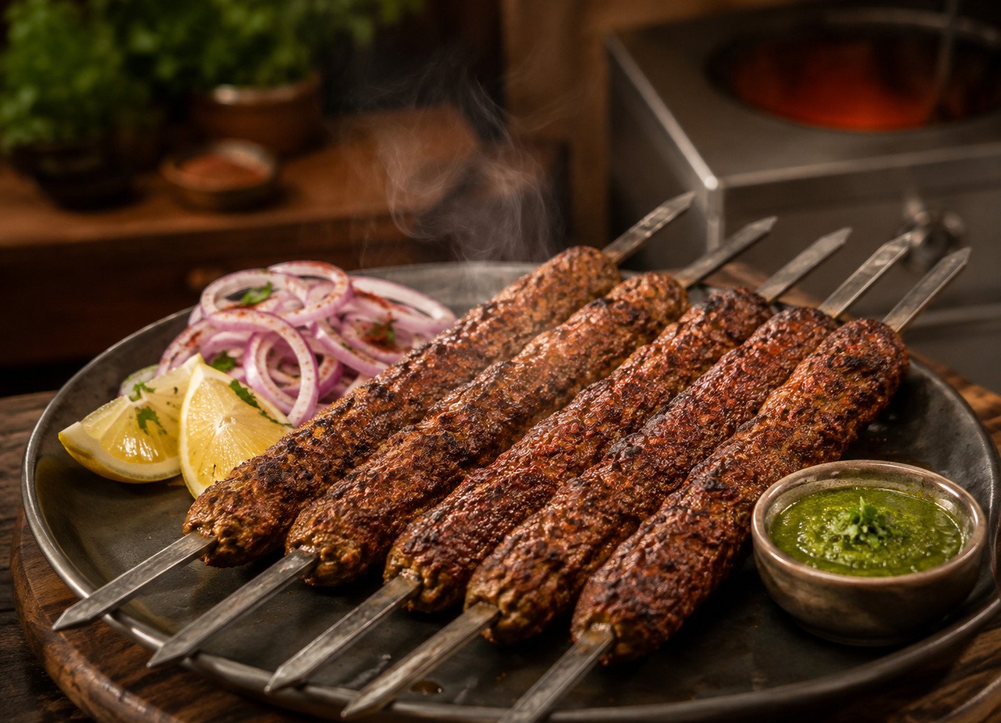 Lamb seekh kebabs recipe charred skewers plated with mint chutney