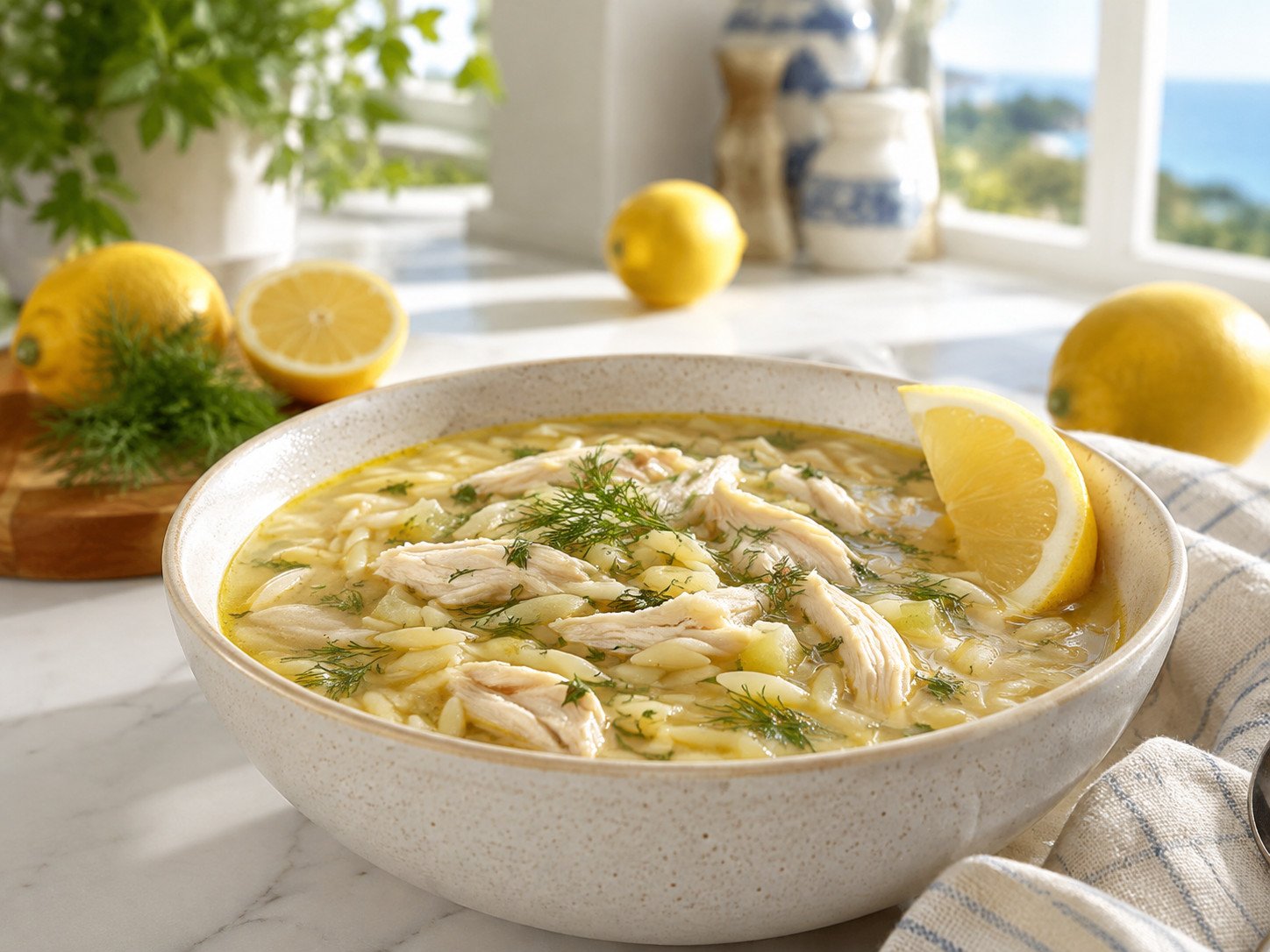 Lemon chicken orzo soup with shredded chicken, orzo, and fresh dill in a bright broth
