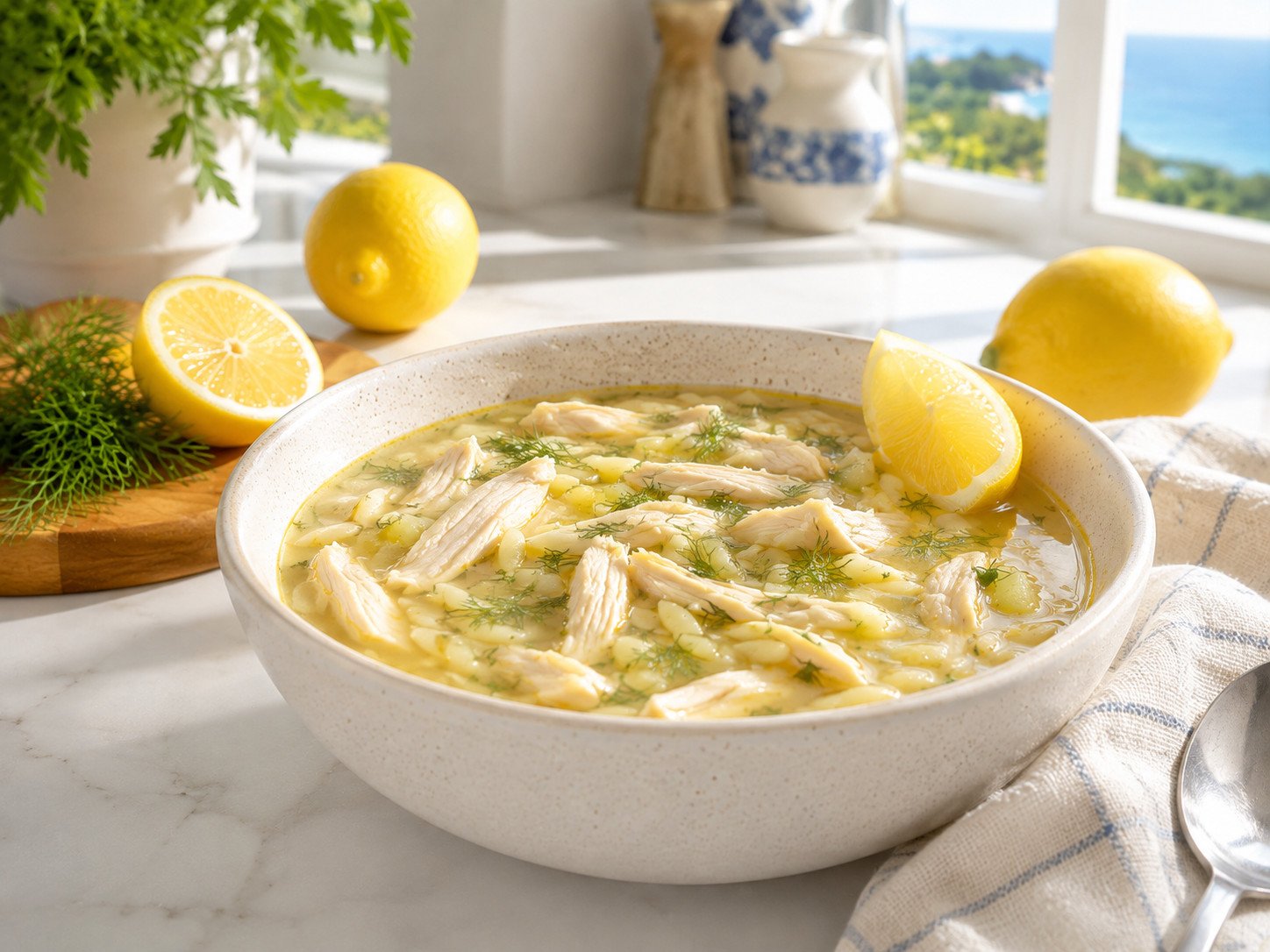 Lemon chicken orzo soup recipe Step 6: finished soup in a bowl, garnished with lemon and dill