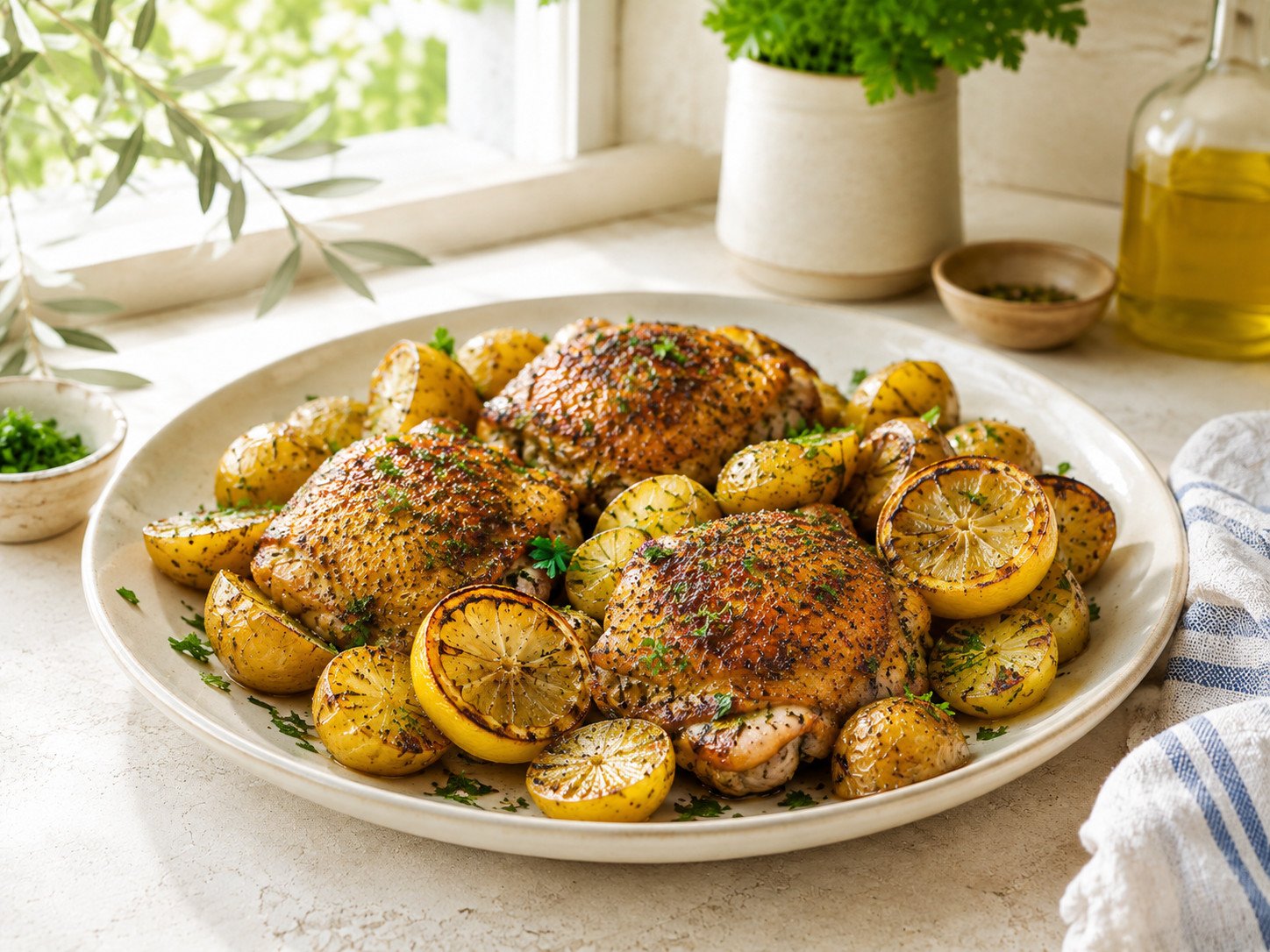 Lemon chicken and potatoes one pan bake, golden skin, roasted potatoes, and lemon slices