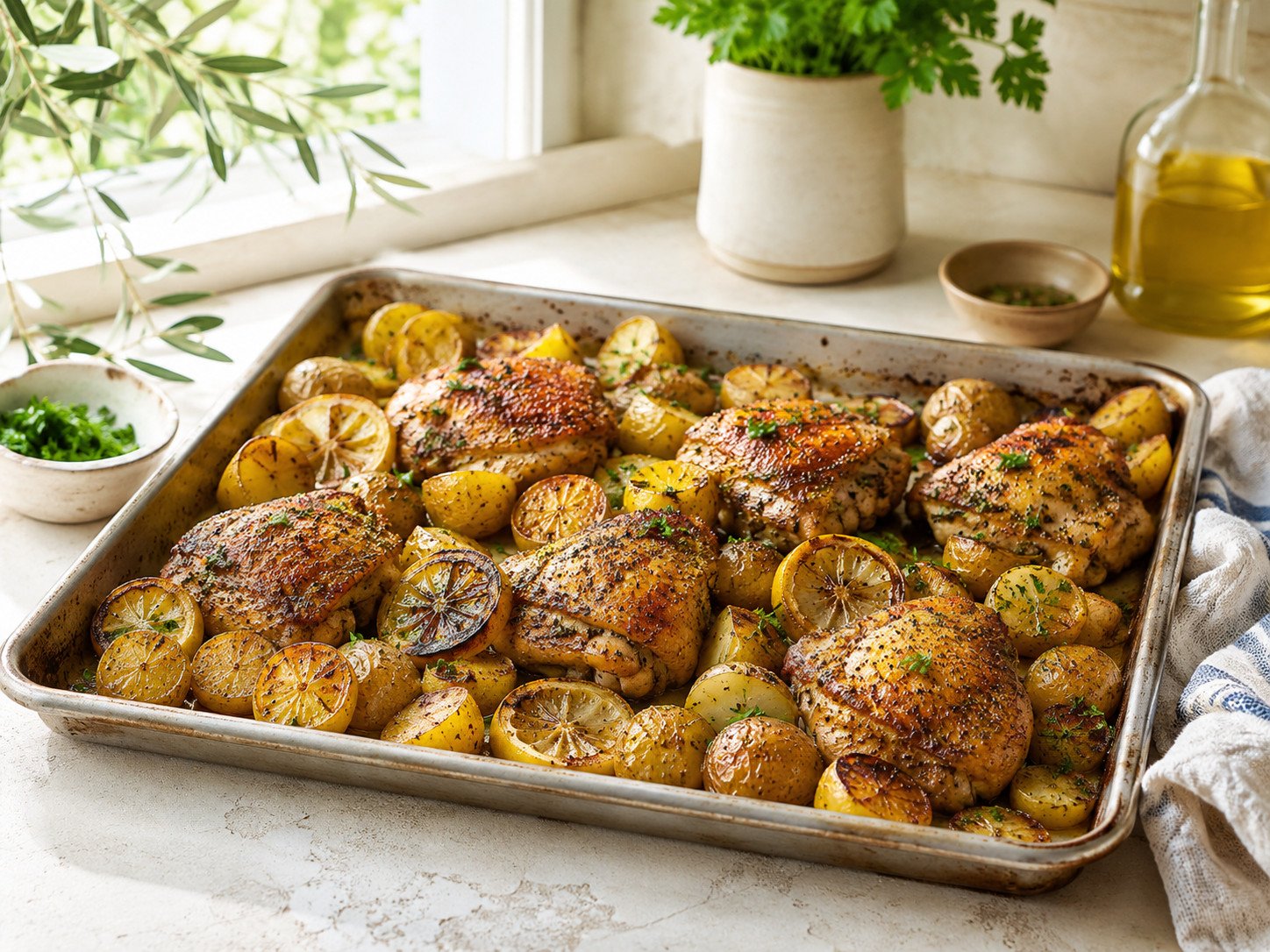 Lemon chicken and potatoes one pan recipe Step 7: finished dish plated, garnished with parsley