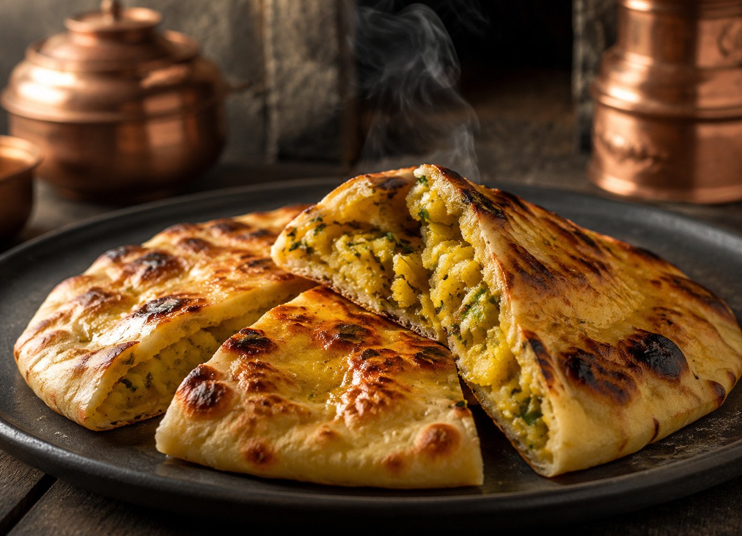 Masala naan recipe fresh from the tandoor, sliced open showing a spiced potato filling