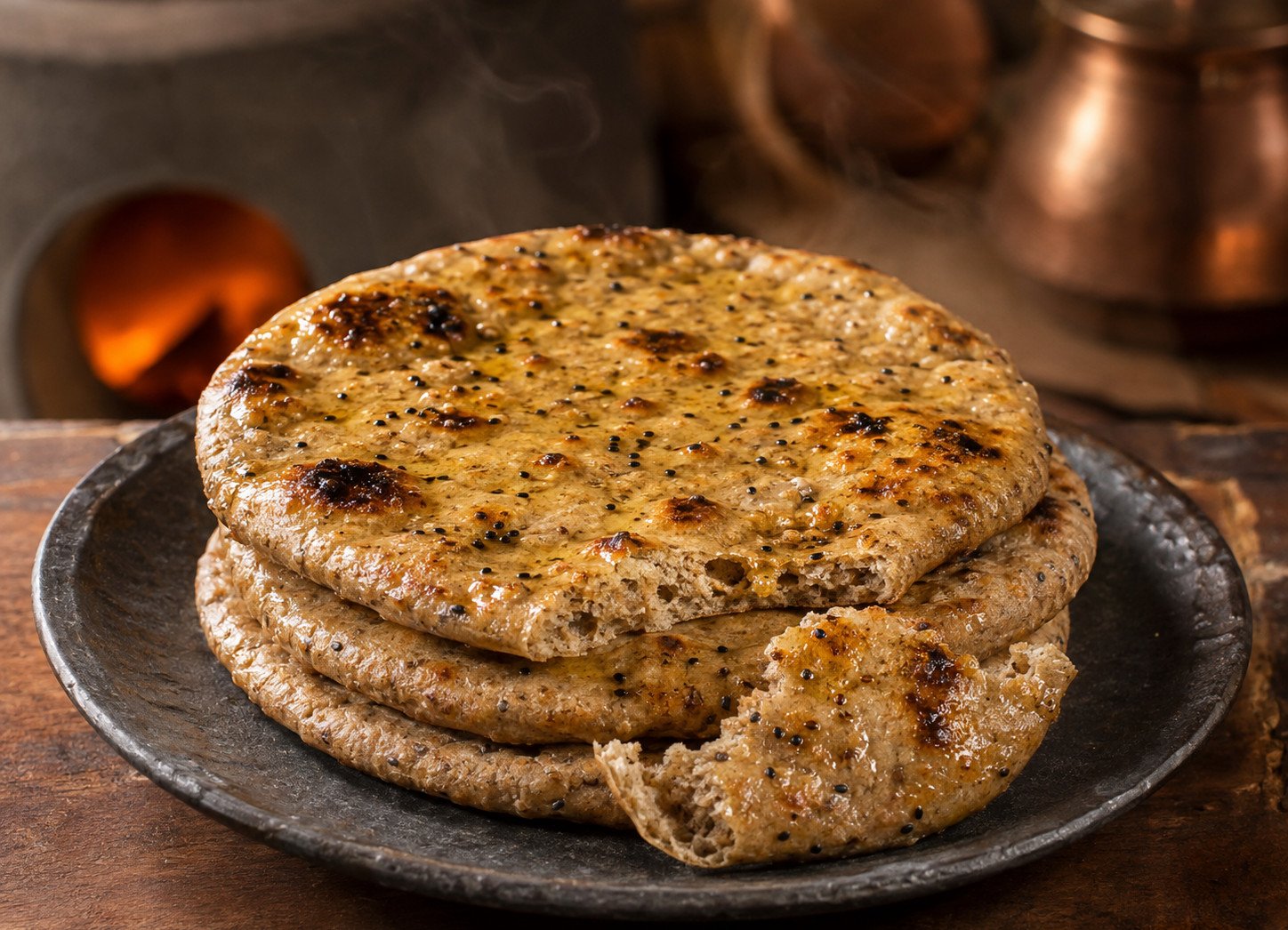 Multigrain naan recipe fresh from the tandoor, golden and slightly denser than plain naan, stacked on a plate