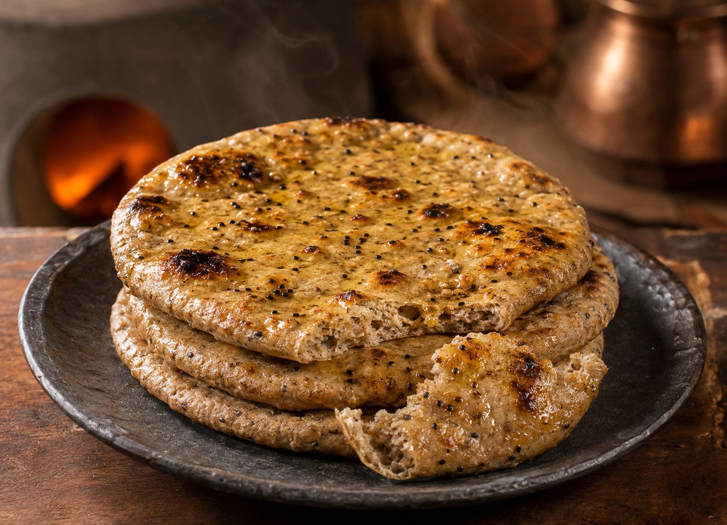 Multigrain naan recipe Step 7: finished multigrain naan stacked and brushed with ghee