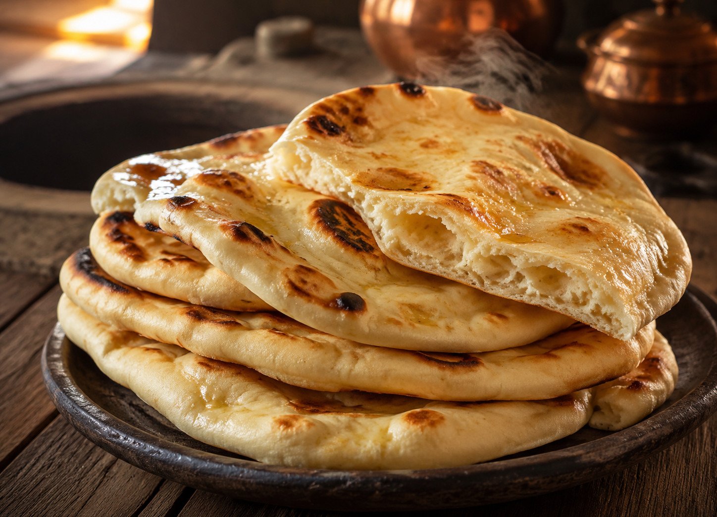 Naan bread tandoor oven recipe, freshly baked and blistered, stacked on a plate