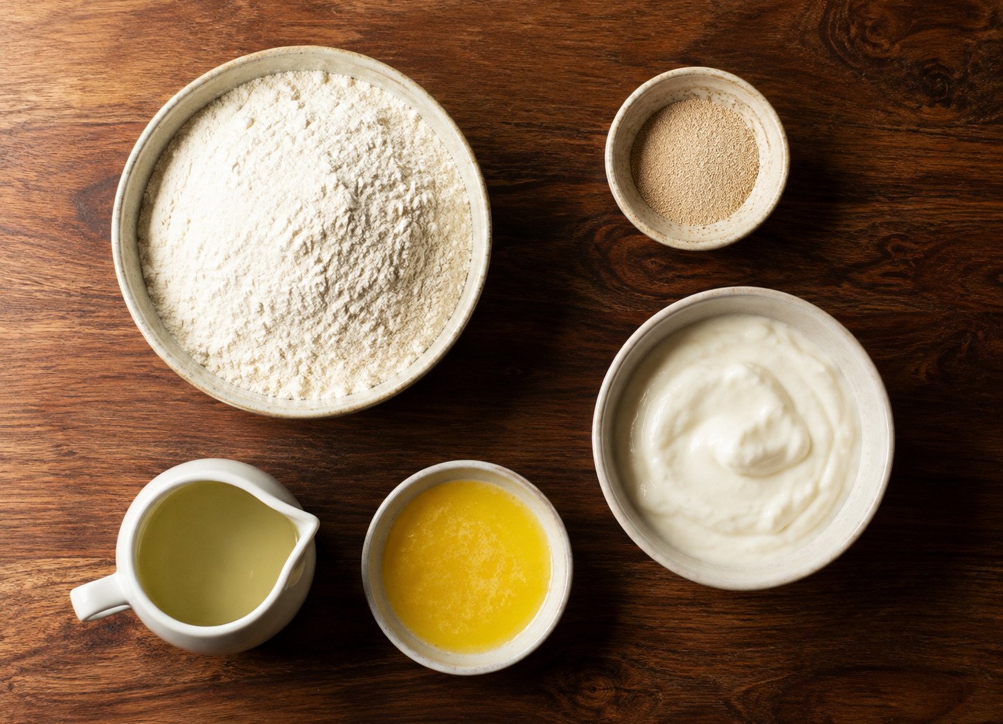 Naan bread tandoor oven recipe ingredients flat lay: flour, yeast, yoghurt, oil, and melted butter