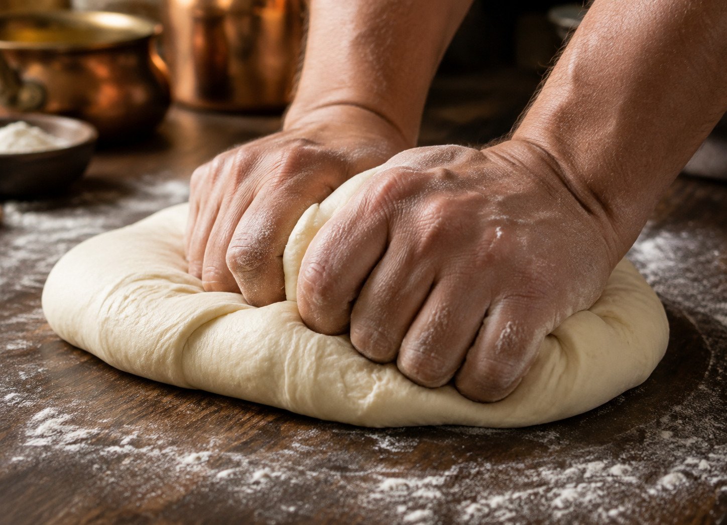 Naan bread tandoor oven recipe Step 2: hands kneading smooth elastic dough on a floured surface