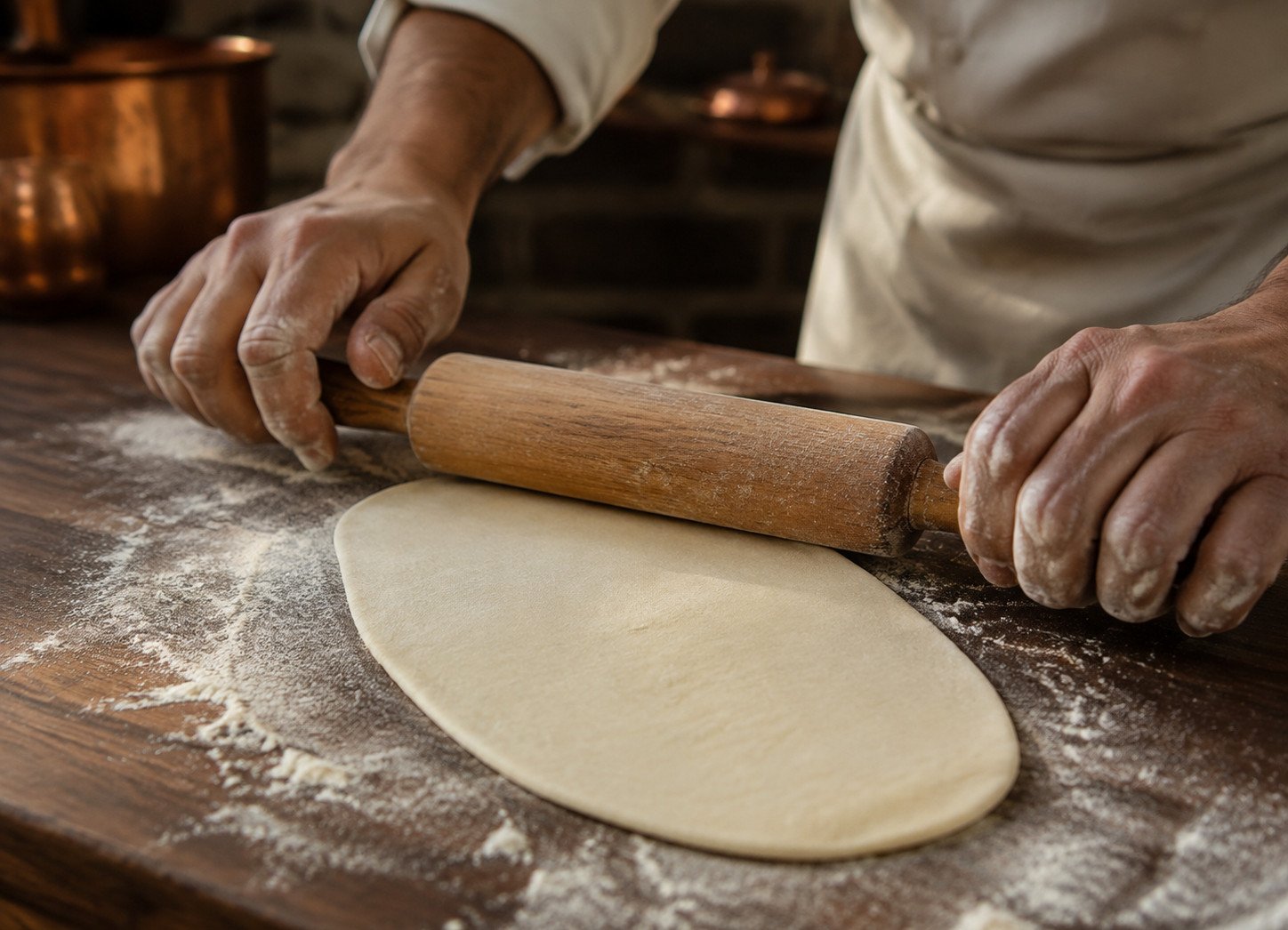 Naan bread tandoor oven recipe Step 3: rolling pin flattening a portion of dough into an oval