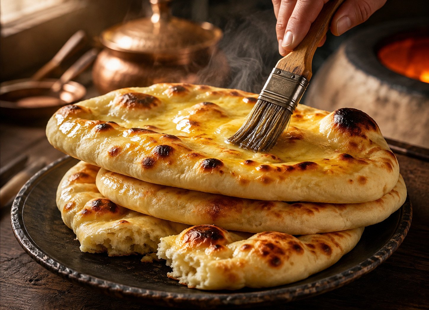 Naan bread tandoor oven recipe Step 7: finished naan stacked and brushed with butter