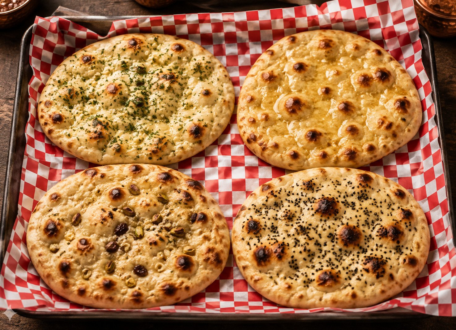 Naan varieties tandoor recipe spread of garlic, plain, and stuffed naan
