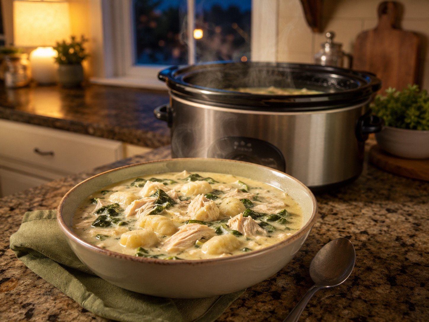 Slow cooker chicken gnocchi soup, creamy with visible gnocchi and shredded chicken
