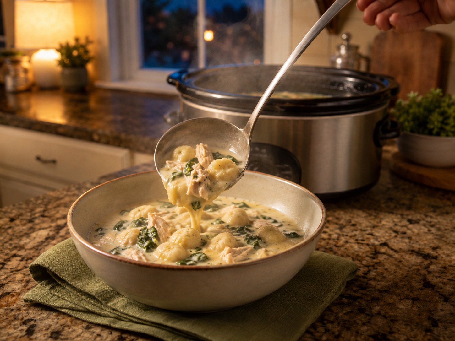 Slow cooker chicken gnocchi soup recipe Step 6: finished creamy soup ladled into a bowl