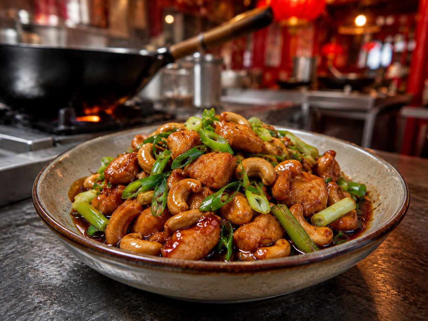 Spicy cashew chicken recipe glossy in a dark stir fry sauce with roasted cashews and scallion