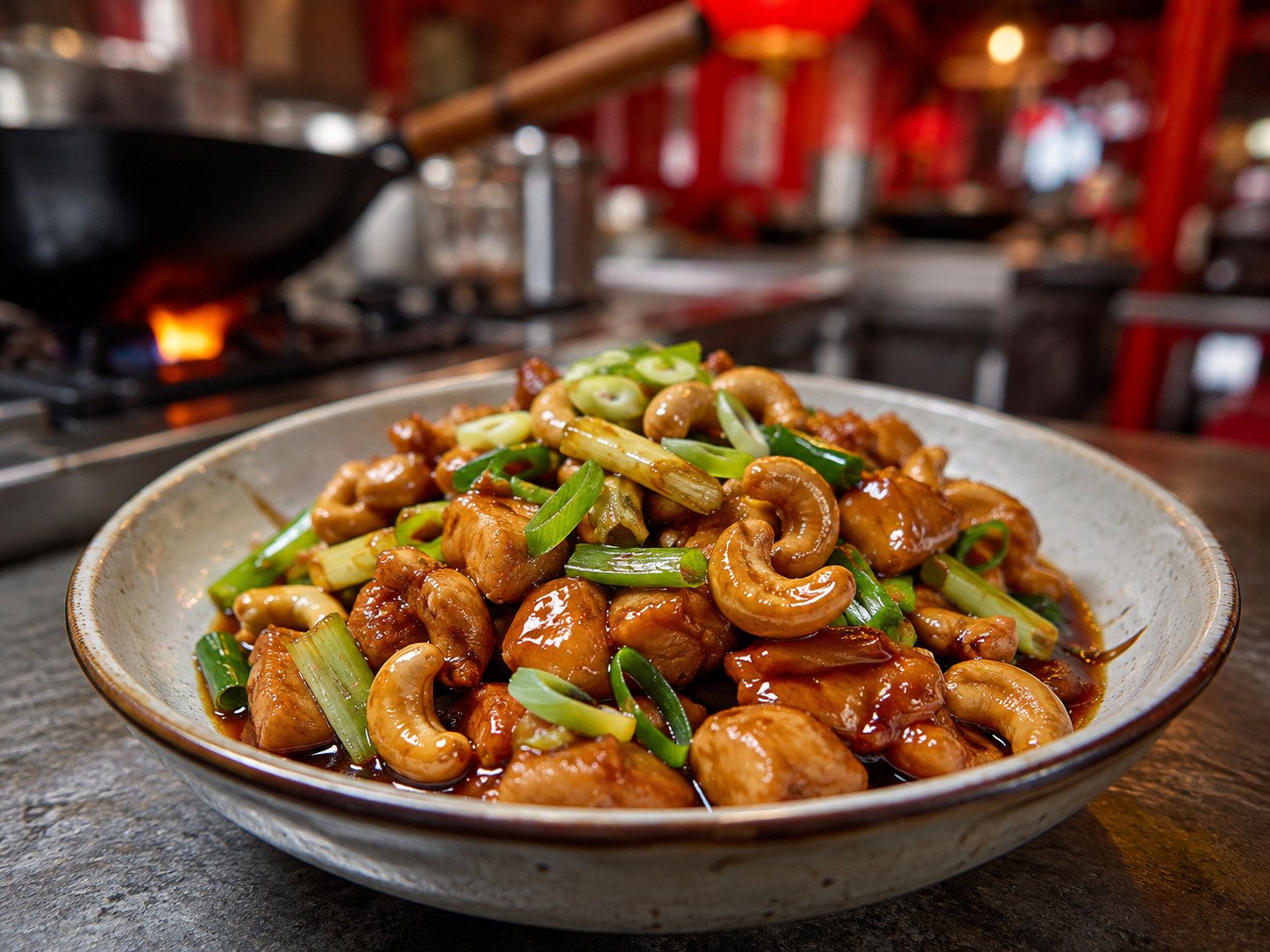 Spicy cashew chicken recipe Step 7: finished dish plated, garnished with green onion
