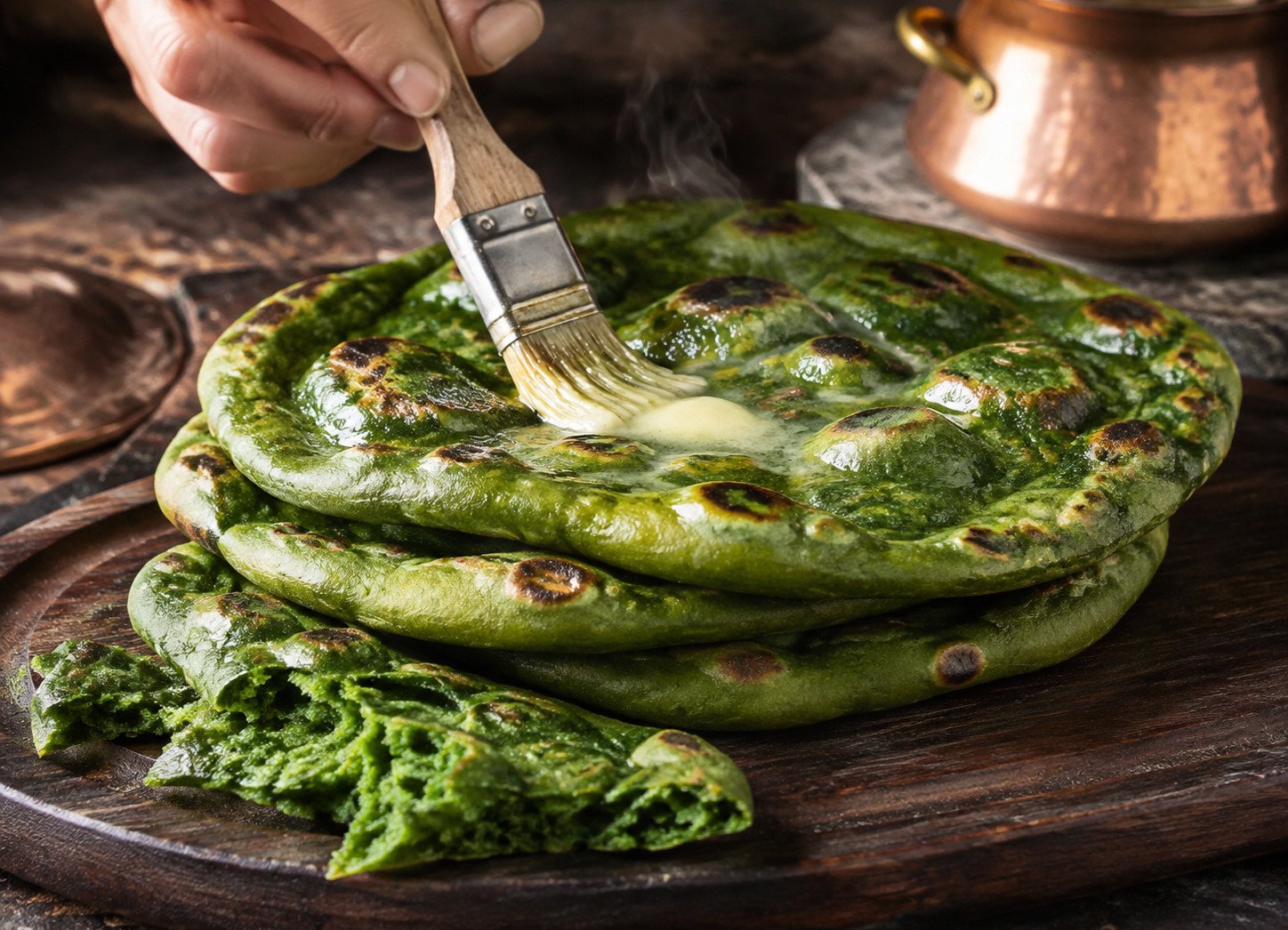 Spinach naan recipe Step 7: finished green naan stacked and brushed with butter