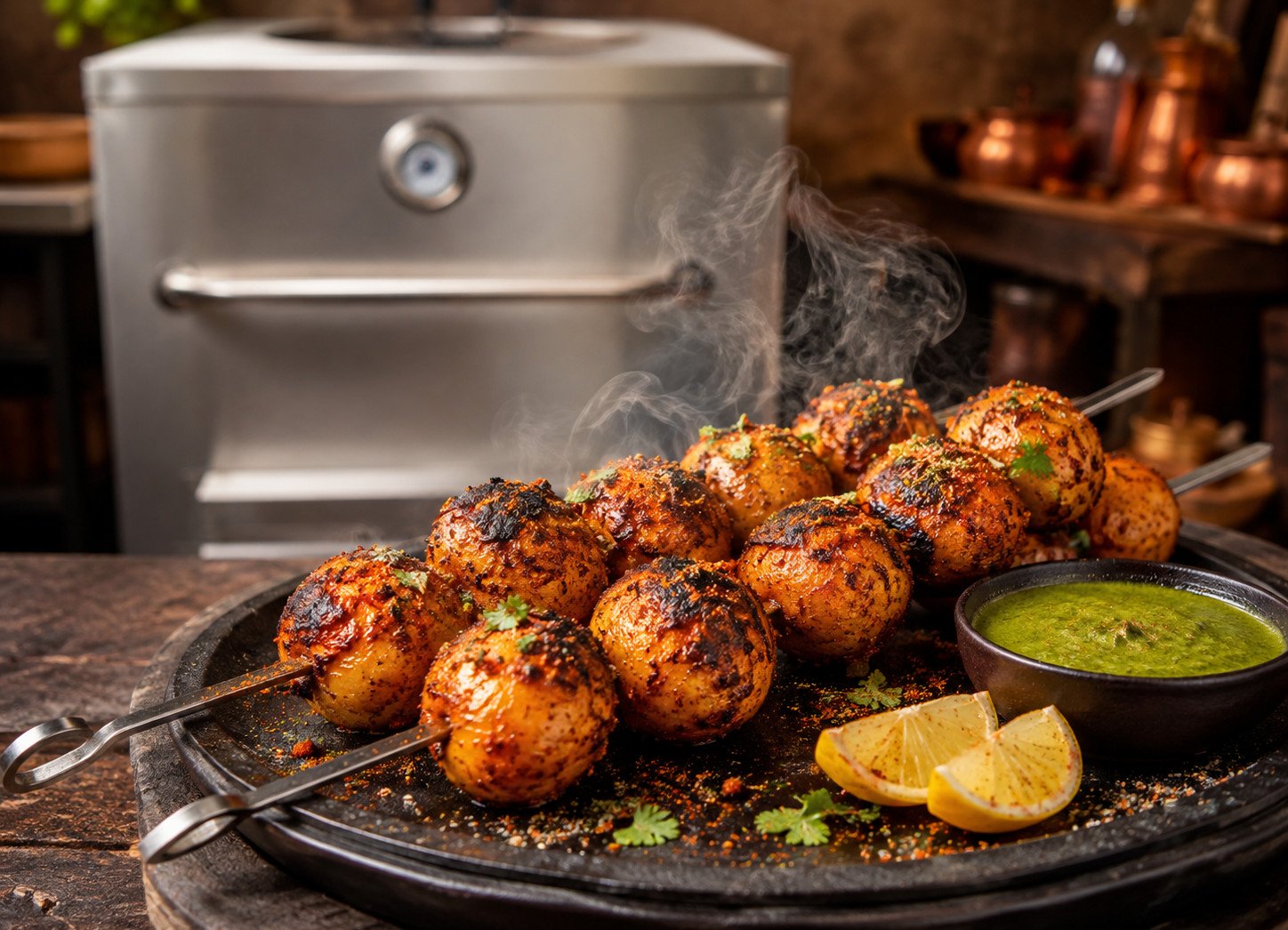 Tandoori aloo tikka recipe charred potato skewers plated with chutney